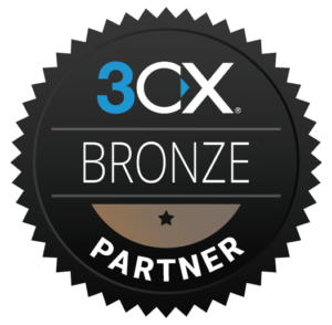 Dieses Bild zeigt das 3CX-Bronze-Partner-Badge. Man sieht einen schwarzen gezackten Kreis mit 3CX Bronze Partner Text.